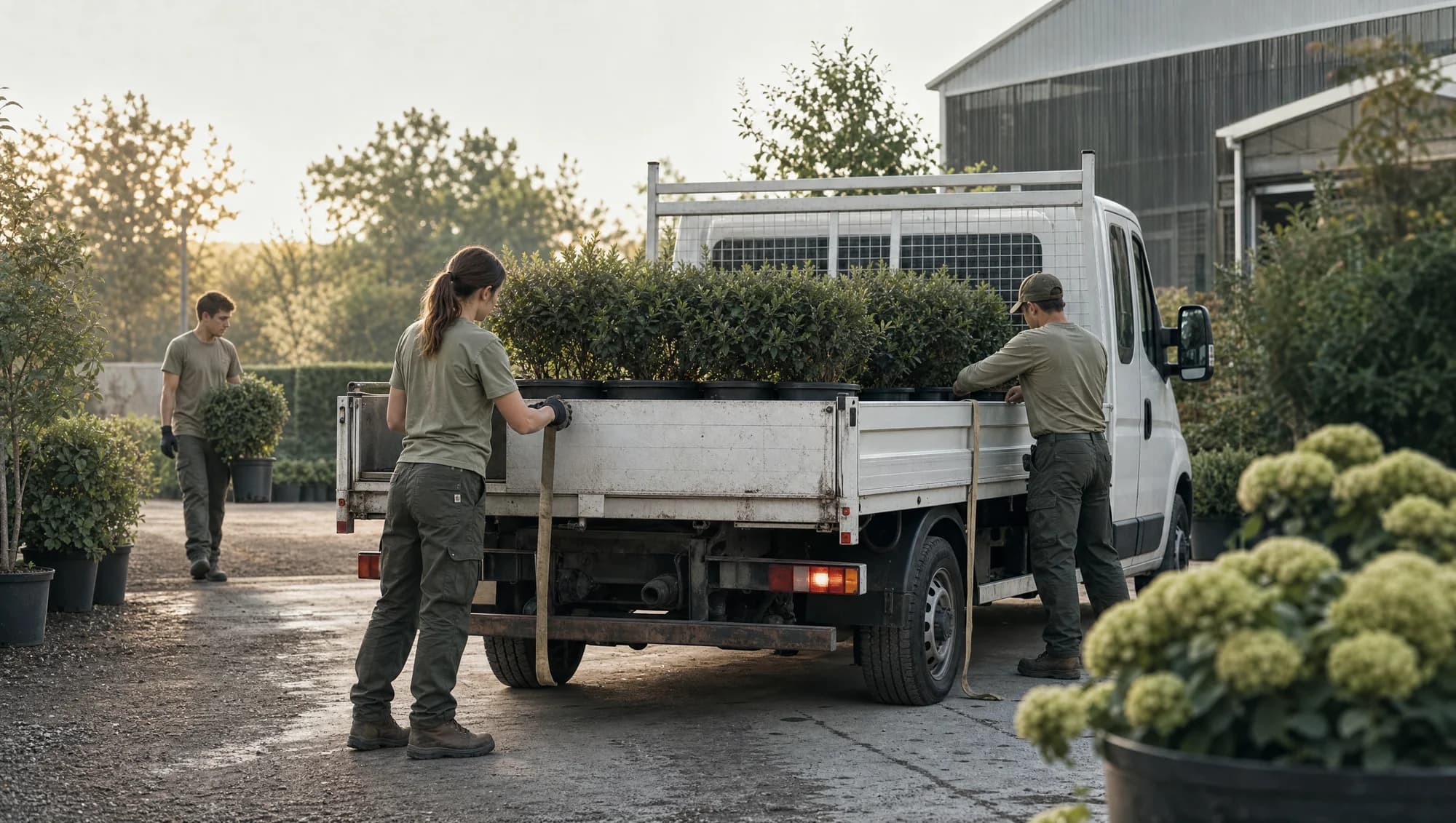 Illustrative crew preparing a landscape job loadout