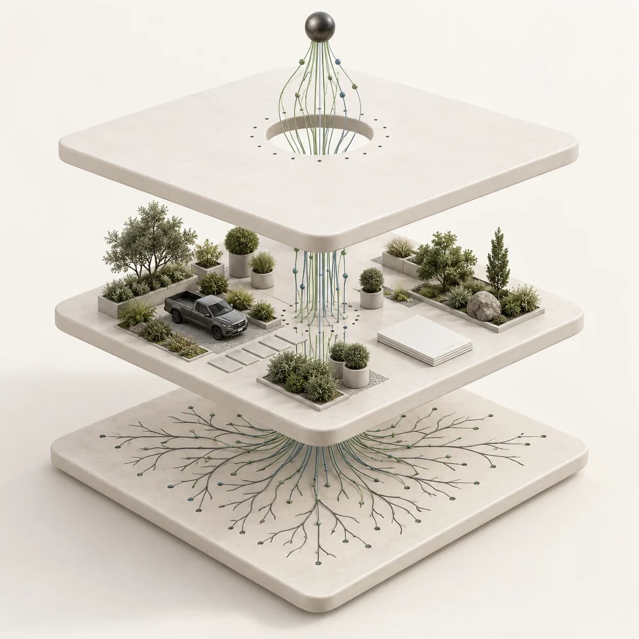 Exploded ceramic layers joining landscape job details into one company-memory core
