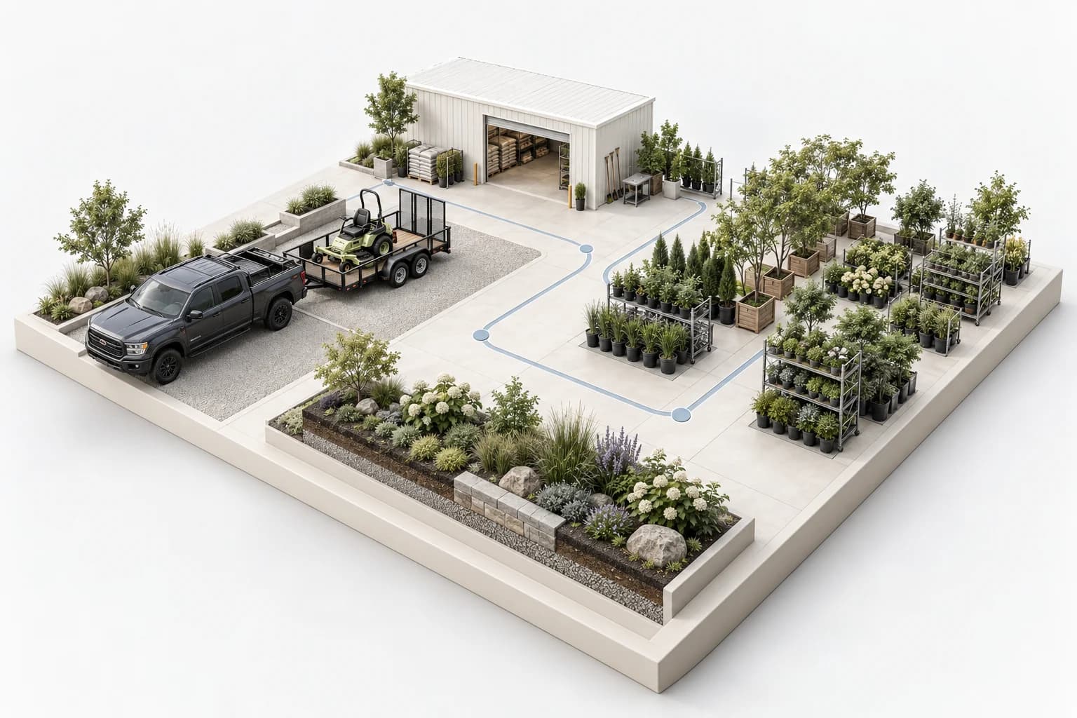 Architectural miniature of a connected landscaping yard with trucks, equipment, and nursery plants